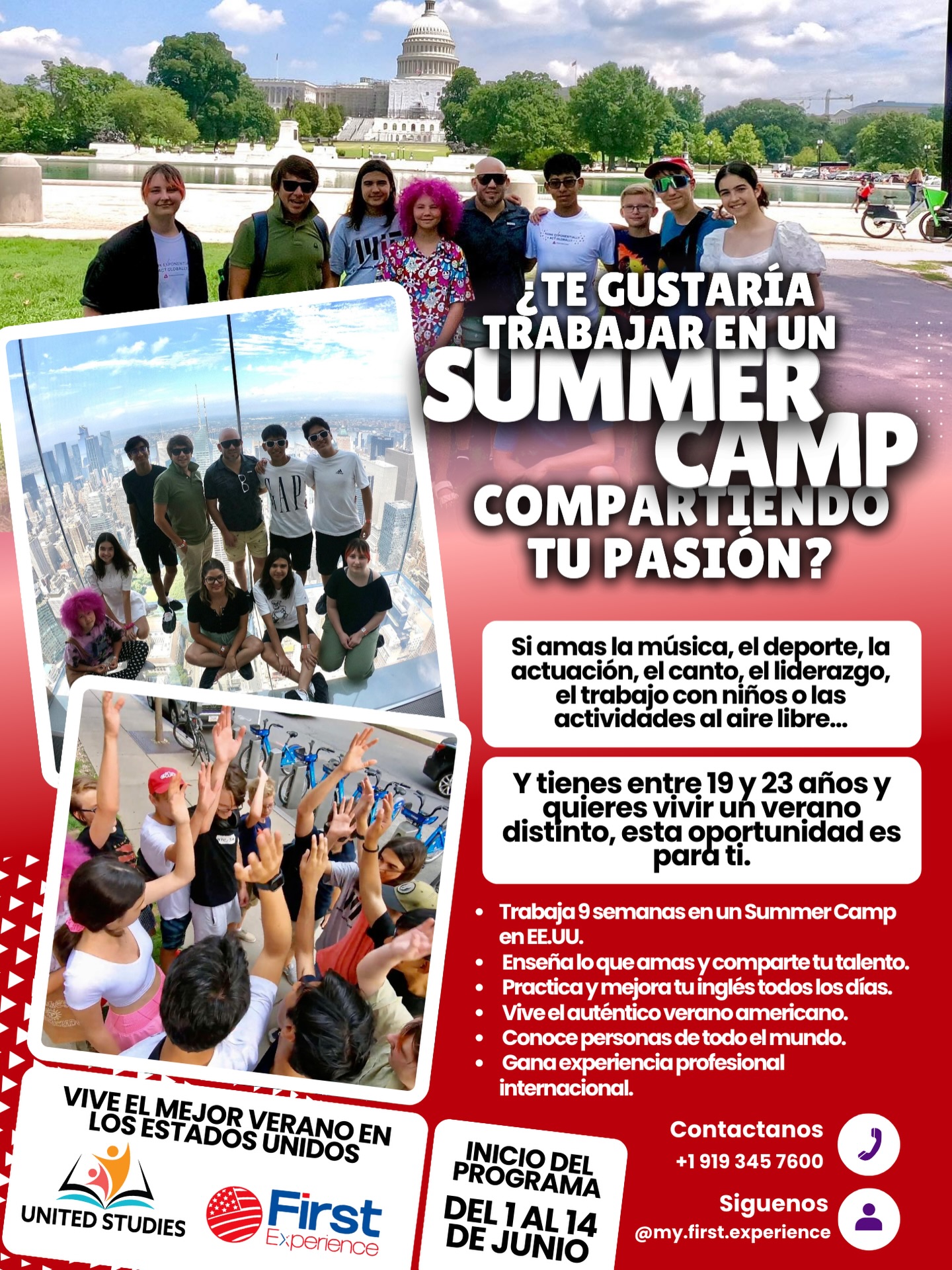 ¿Te gustaría trabajar en un Summer Camp en Estados Unidos este verano? 🇺🇸☀️

Si tienes entre 19 y 23 años y quieres vivir una experiencia diferente, esta puede ser tu oportunidad.

Si tienes un talento o una pasión que amas… ¿por qué no compartirla mientras trabajas en EE.UU.?

Puedes enseñar deporte ⚽, música 🎵, actuación 🎭, canto 🎤, liderazgo 🌟, trabajo con niños 👧👦 o cualquier habilidad que te apasione.

Trabaja 9 semanas en Estados Unidos.
Practica inglés todos los días 🗣
Haz amigos de todo el mundo 🌎
Desarrolla liderazgo y confianza 💼
Y vive el auténtico verano americano ☀️✨

📅 Inicio del programa: entre el 1 y el 14 de junio (primera o segunda semana).

No es solo un trabajo. Es una experiencia internacional que puede marcar tu vida.

Si alguna vez soñaste con trabajar en Estados Unidos… este puede ser tu momento.

Escríbenos para más información 📩
+1 919 193 457 600
Instagram: @myfe_global